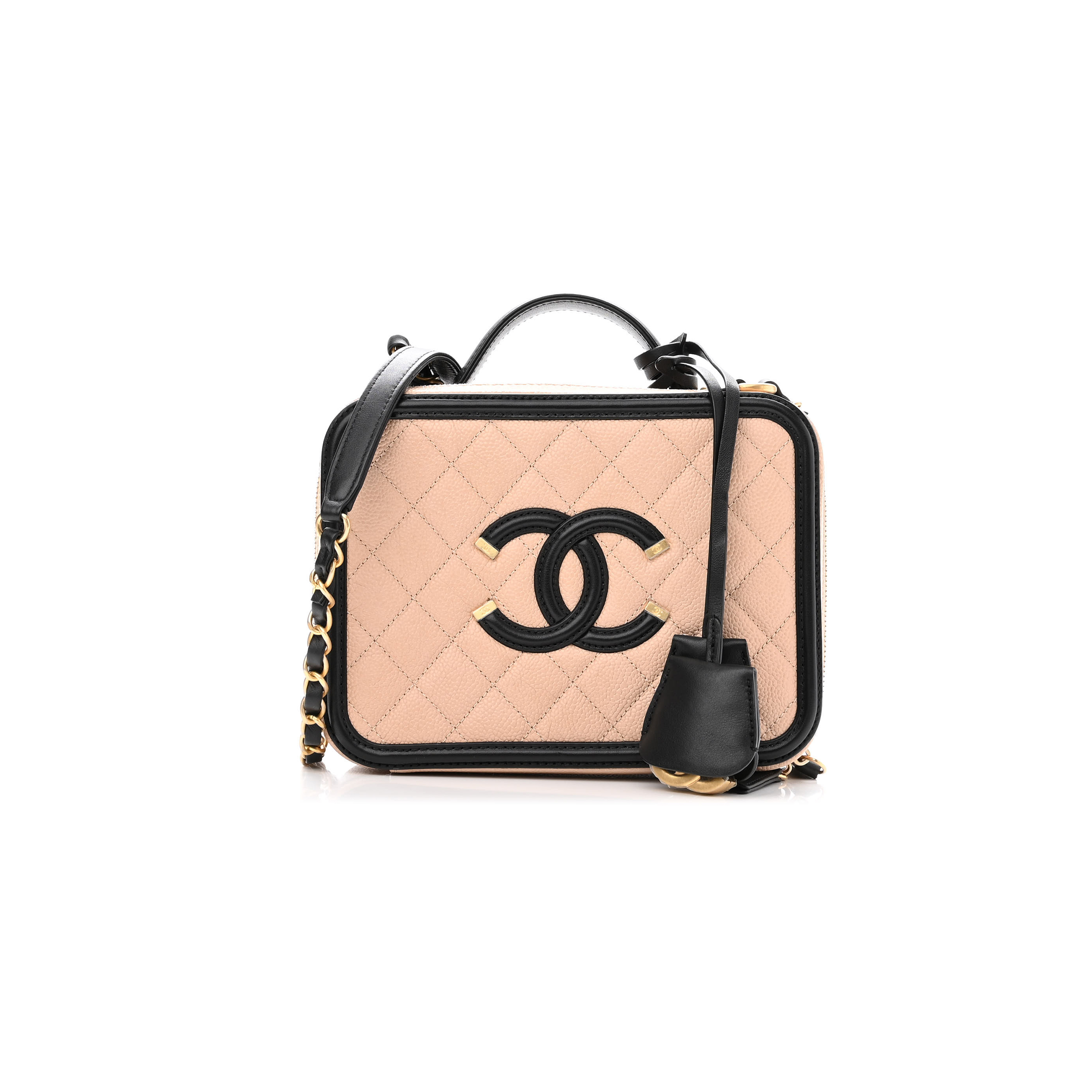 CHANEL CAVIAR QUILTED MEDIUM CC FILIGREE VANITY CASE BEIGE BLACK (20*15*8cm) 